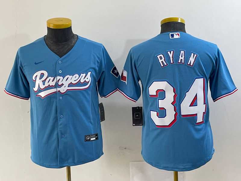 Youth Texas Rangers #34 Nolan Ryan Light Blue Team Logo Cool Base Jersey